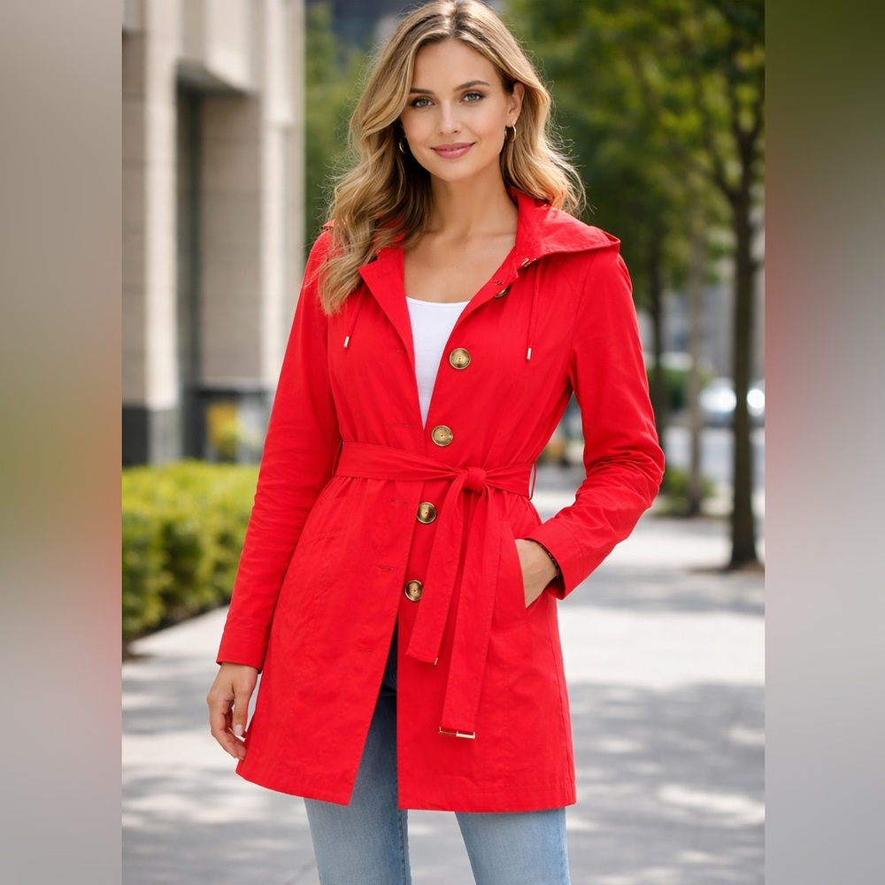 Michael Kors Red Hooded Trench Coat Jacket Size S